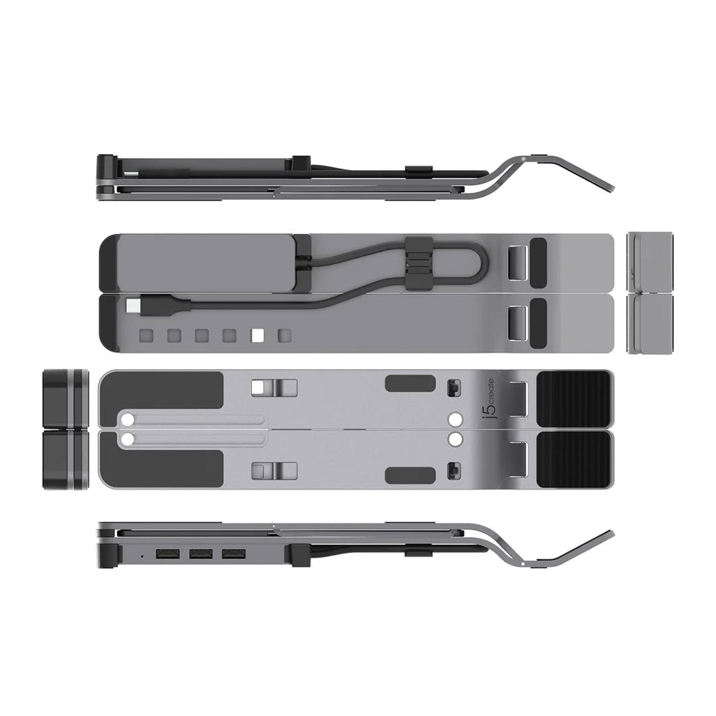 A Photo Of J5Create Laptop Stand with USB 4-Port Hub - Adjustable Aluminum Stand with Integrated USB-C Hub
