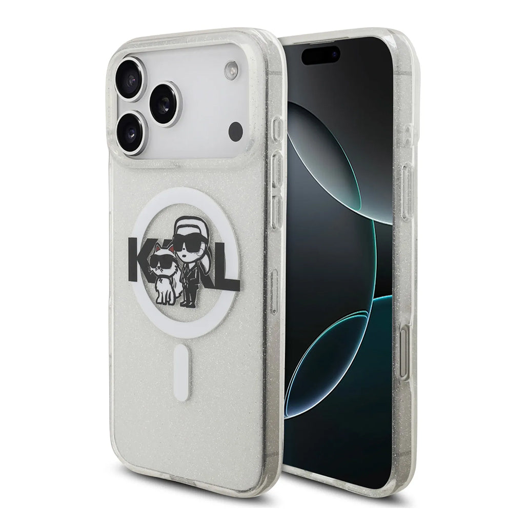 A Photo Of Karl Lagerfeld MagSafe Glitter Case with Karl & Choupette Heads for iPhone 17 Pro Max