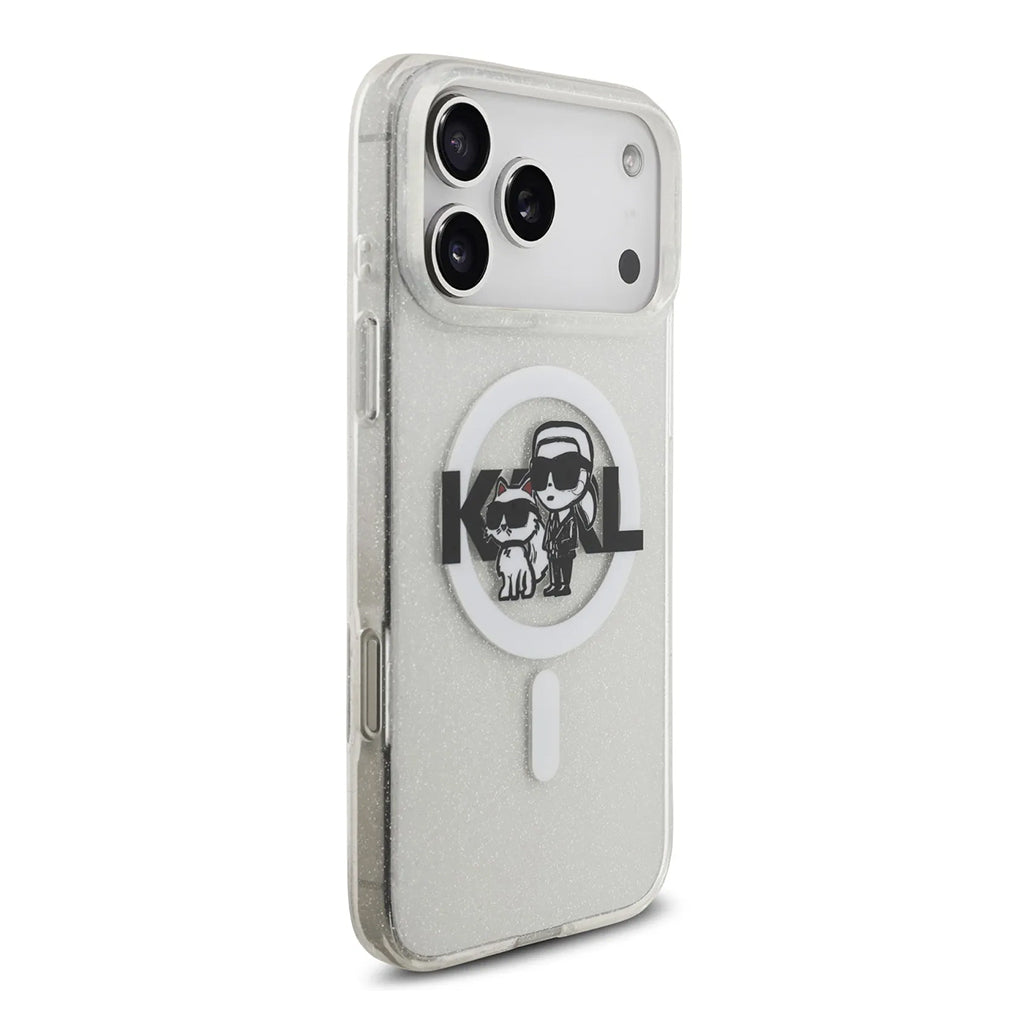 A Photo Of Karl Lagerfeld MagSafe Glitter Case with Karl & Choupette Heads for iPhone 17 Pro Max