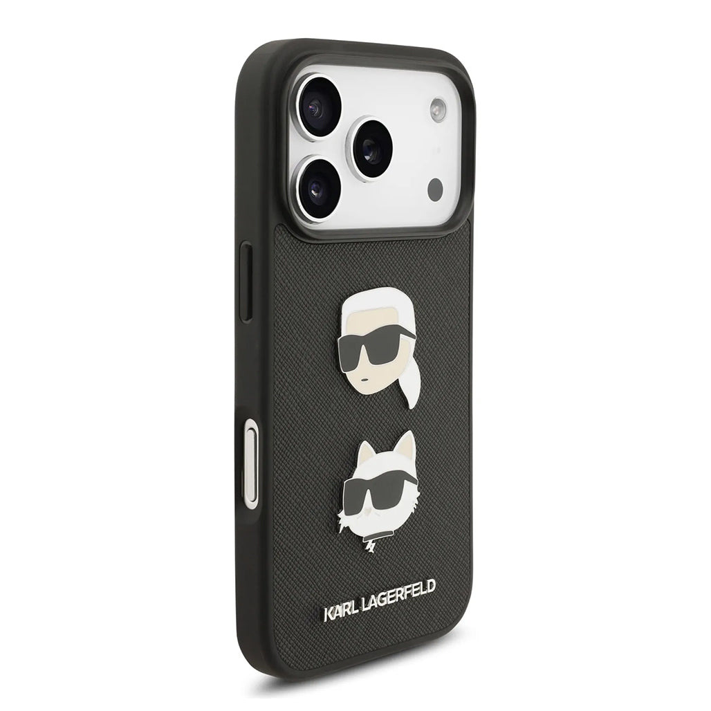 A Photo Of Karl Lagerfeld Full Wrapped Saffiano Leather Case with Karl & Choupette Head Pins for iPhone 17 Pro Max