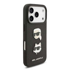 A Photo Of Karl Lagerfeld Full Wrapped Saffiano Leather Case with Karl & Choupette Head Pins for iPhone 17 Pro Max