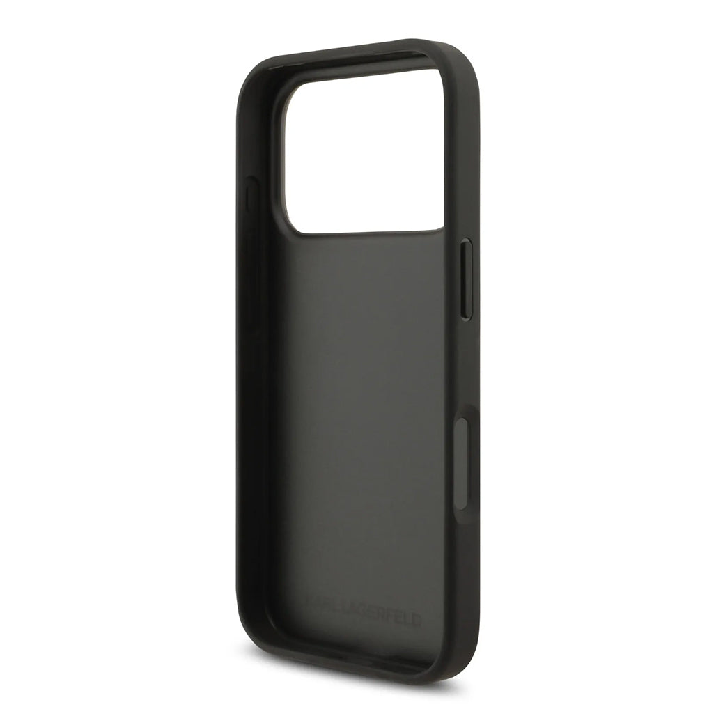 A Photo Of Karl Lagerfeld Full Wrapped Saffiano Leather Case with Karl & Choupette Head Pins for iPhone 17 Pro Max