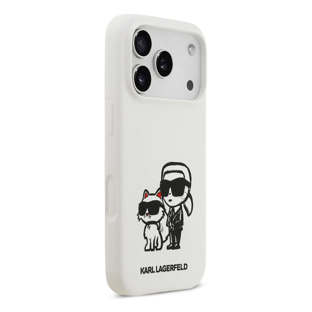 A Photo Of Karl Lagerfeld Liquid Silicone iPhone 17 Pro Max Case with Karl & Choupette Sketch