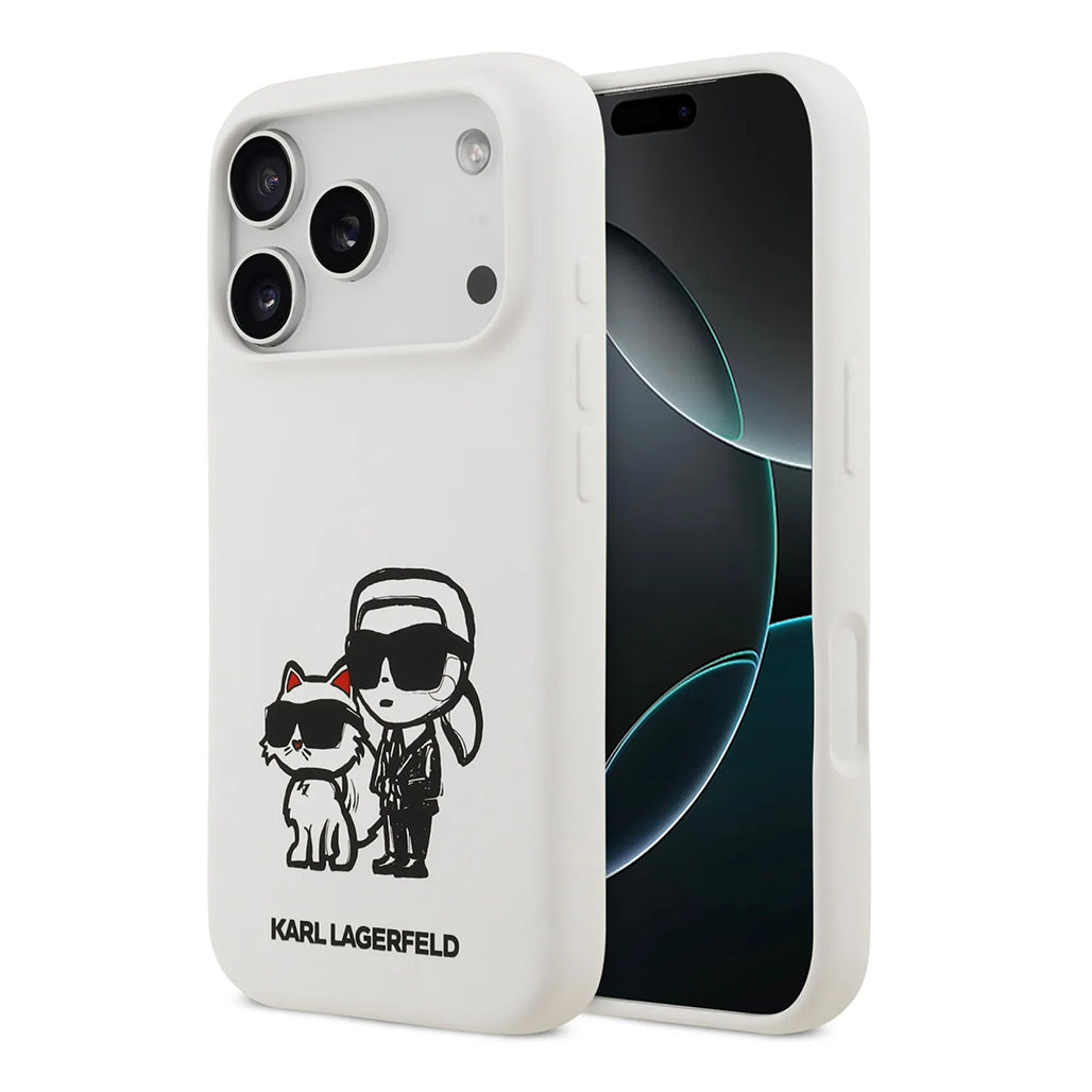A Photo Of Karl Lagerfeld Liquid Silicone iPhone 17 Pro Max Case with Karl & Choupette Sketch