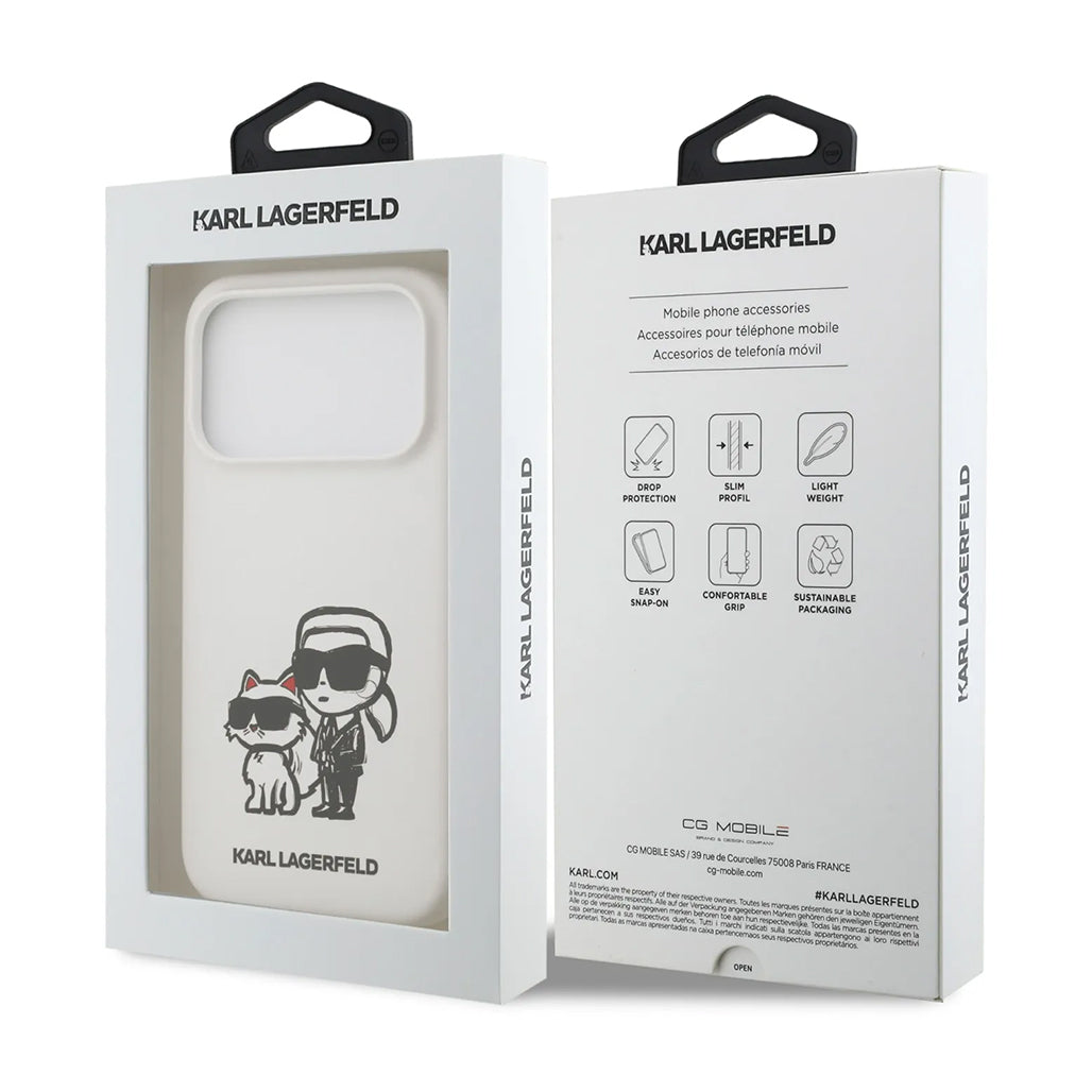 A Photo Of Karl Lagerfeld Liquid Silicone iPhone 17 Pro Max Case with Karl & Choupette Sketch