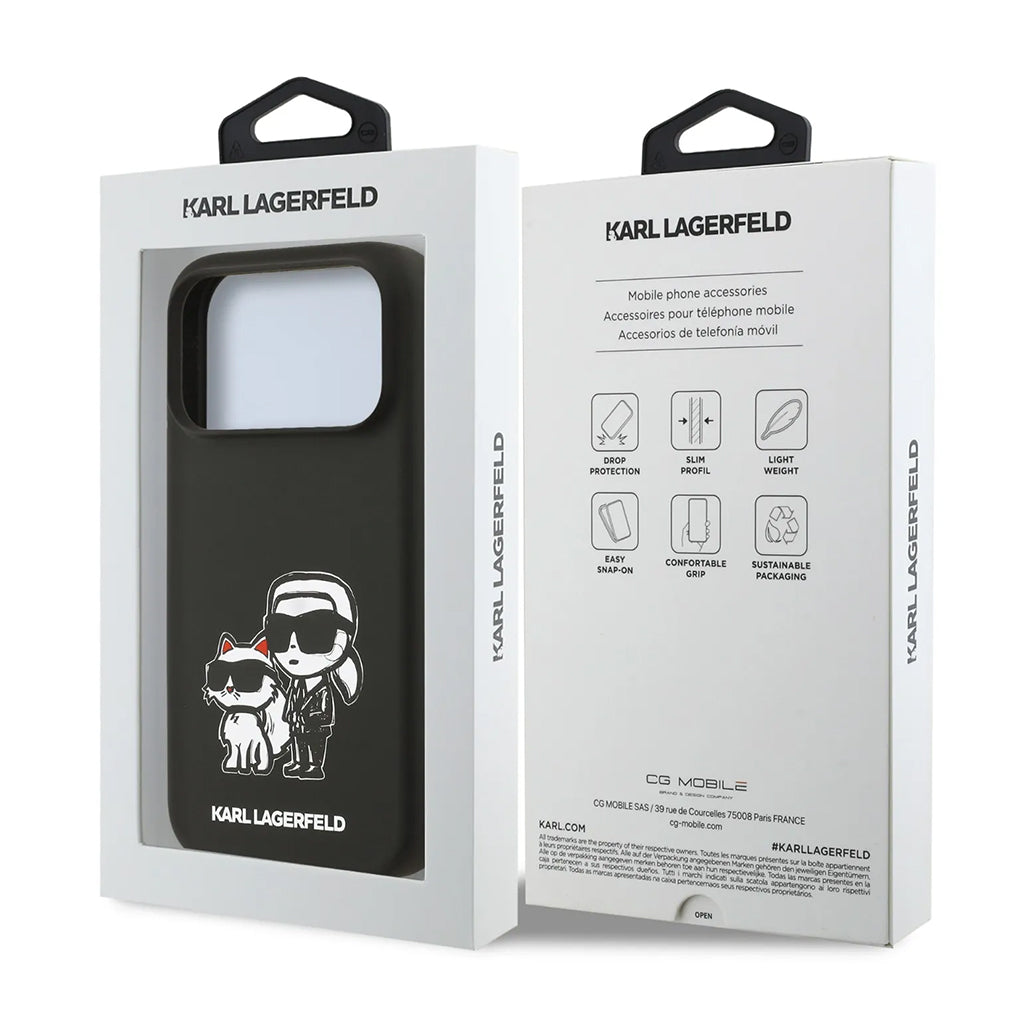A Photo Of Karl Lagerfeld Liquid Silicone iPhone 17 Pro Max Case with Karl & Choupette Sketch