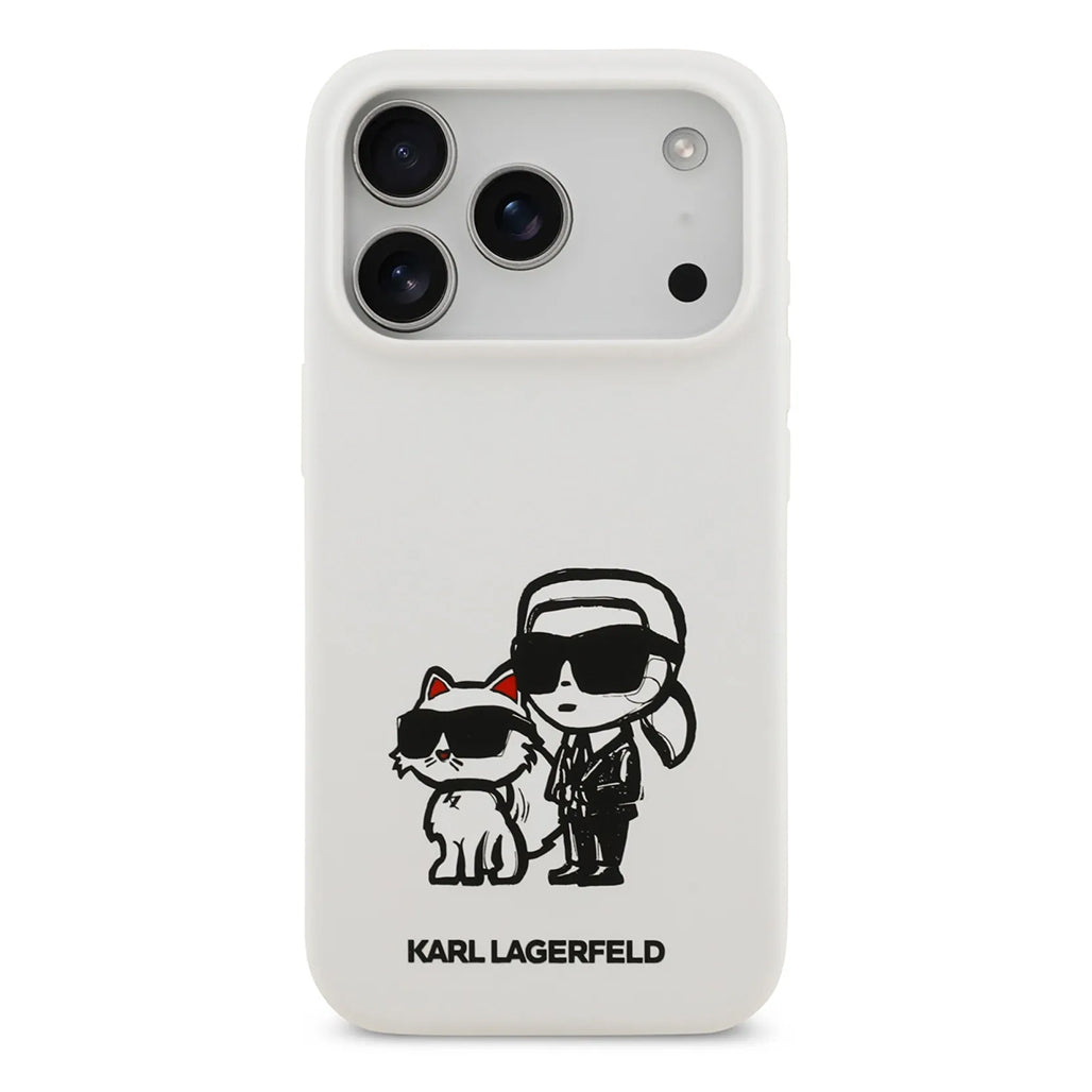 A Photo Of Karl Lagerfeld Liquid Silicone iPhone 17 Pro Max Case with Karl & Choupette Sketch