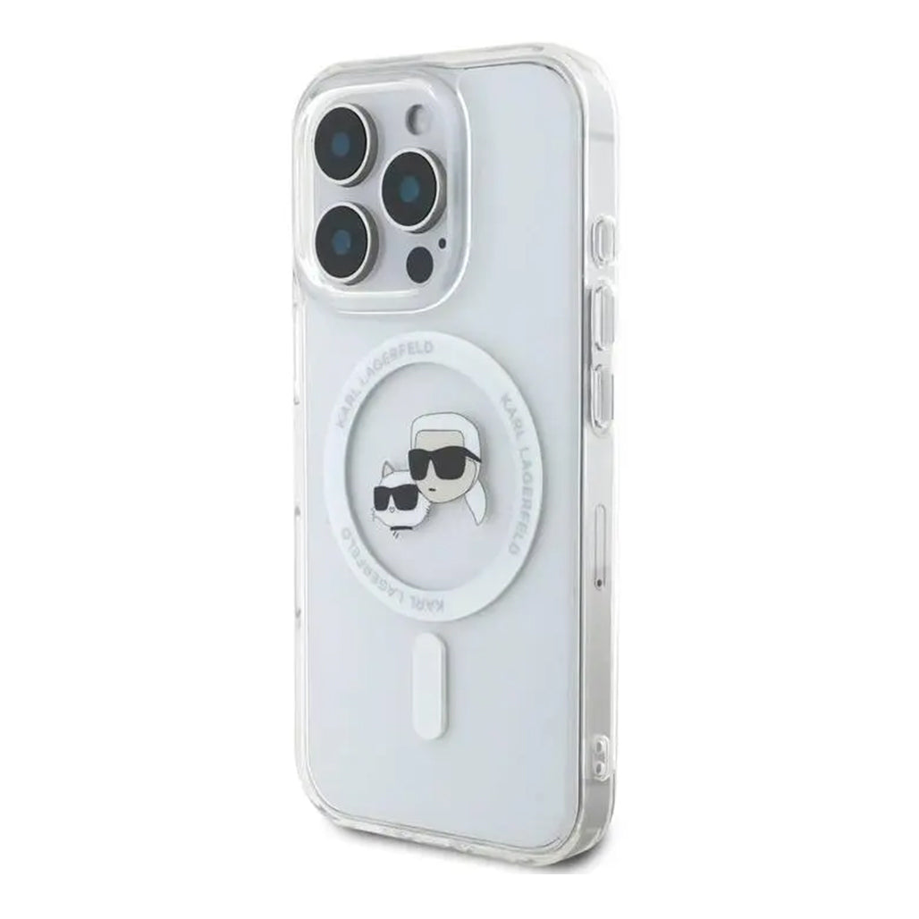 A Photo Of Karl Lagerfeld MagSafe IML Clear Hard Case for iPhone 16 Pro – Stylish Protection with Karl & Choupette Design