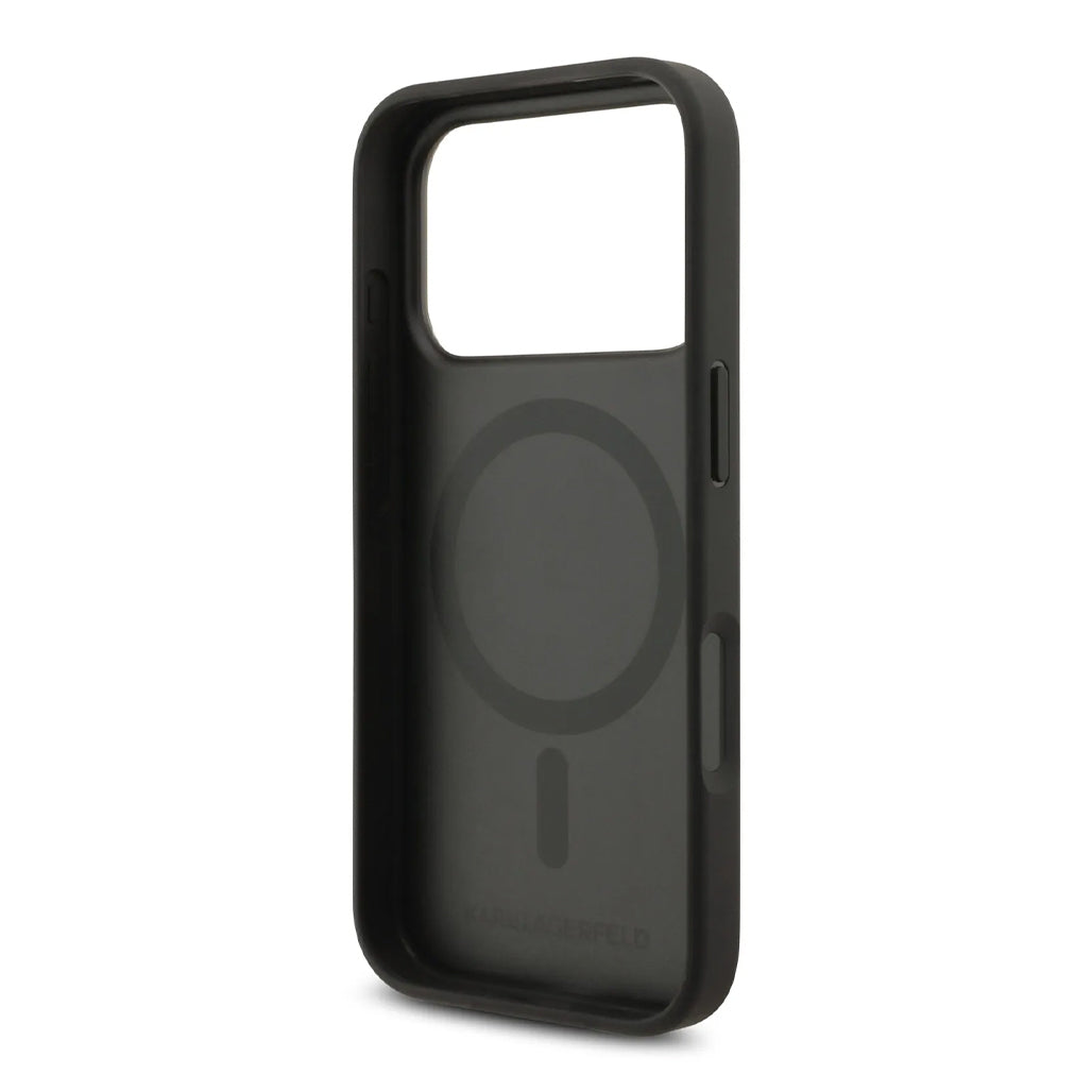 A Photo Of Karl Lagerfeld PU Leather Case with Karl Head Pins for iPhone 17 Pro