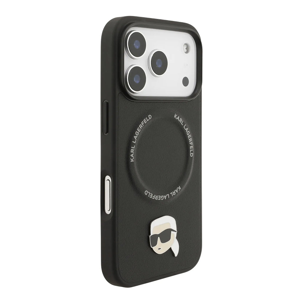A Photo Of Karl Lagerfeld PU Leather Case with Karl Head Pins for iPhone 17 Pro