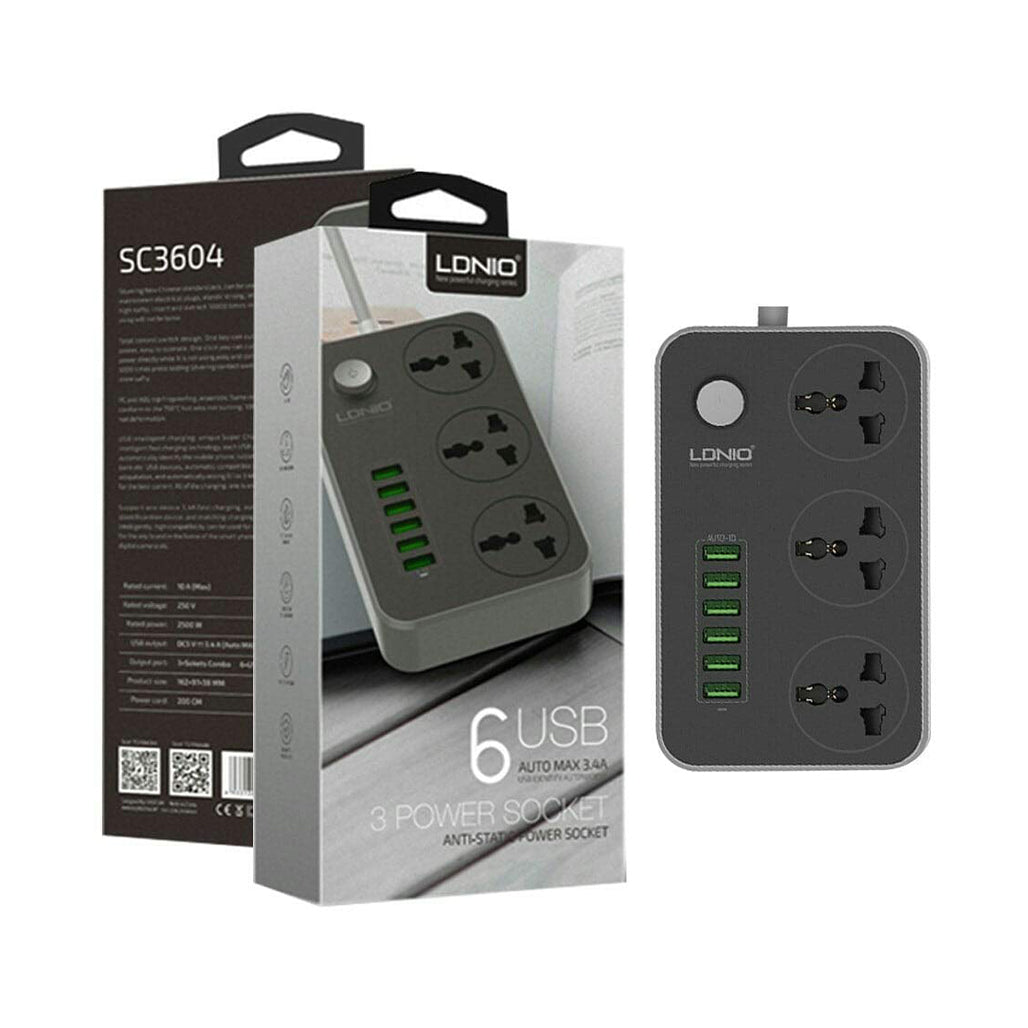 A Photo Of LDNIO SC3604 Universal Power Strip with 3 AC Outlets & 6 USB Ports