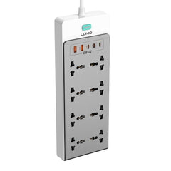 A Photo Of LDNIO SC4 65W GaN 13-in-1 Desktop Power Strip with 8 AC Outlets, USB-C, USB-A & Lightning