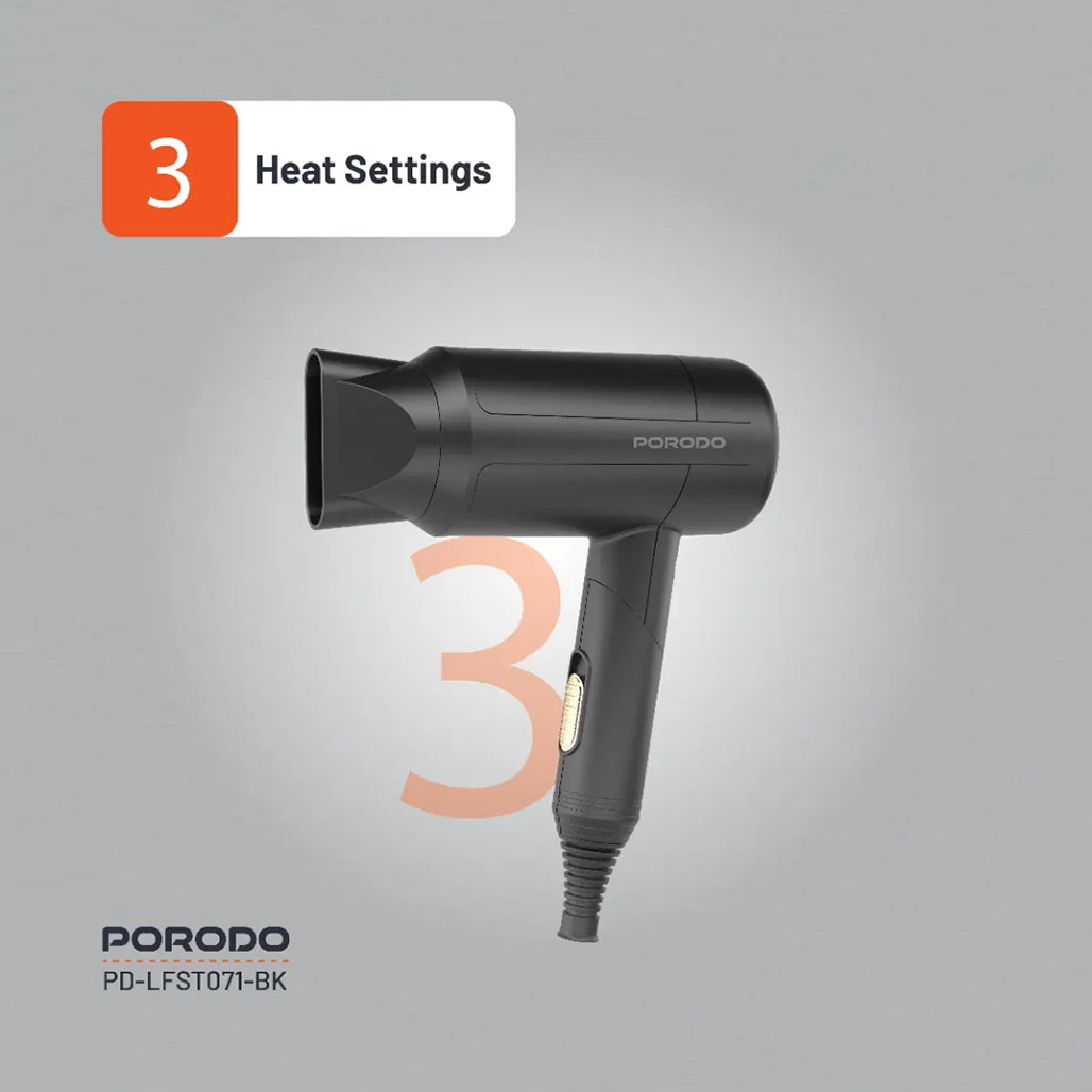 A Photo Of Porodo Lifestyle 1200W Foldable Hair Dryer 1.8M Cable - Black