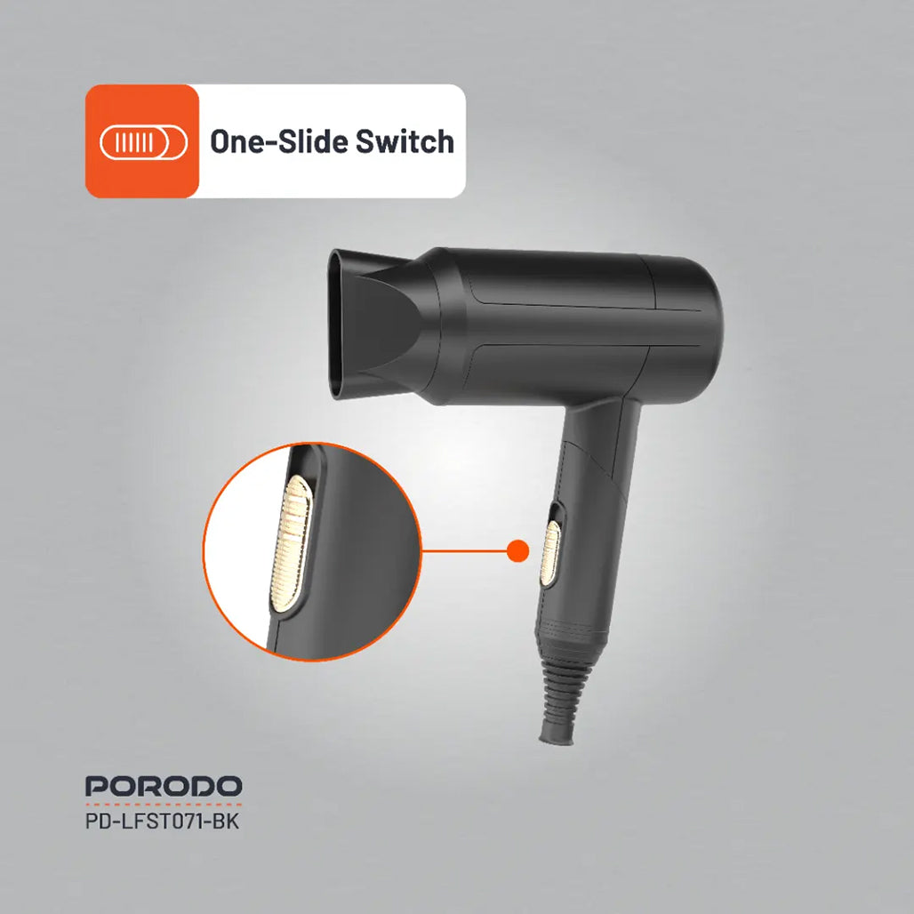 A Photo Of Porodo Lifestyle 1200W Foldable Hair Dryer 1.8M Cable - Black