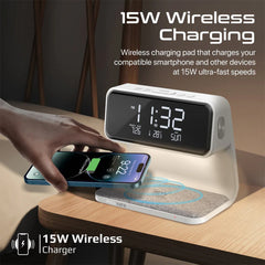A Photo Of Promate Lumix-15W Multi-Function LED Alarm Clock with 15W Wireless Charger