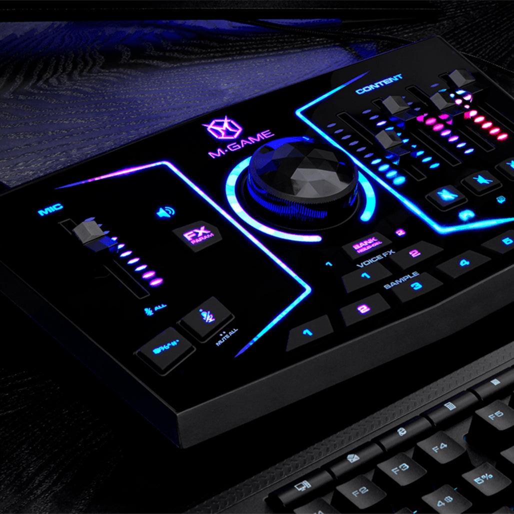 A Photo Of M-Audio - M-Game RGB Dual - Dual USB Streaming Interface with RGB Lighting, Voice FX & Sampler