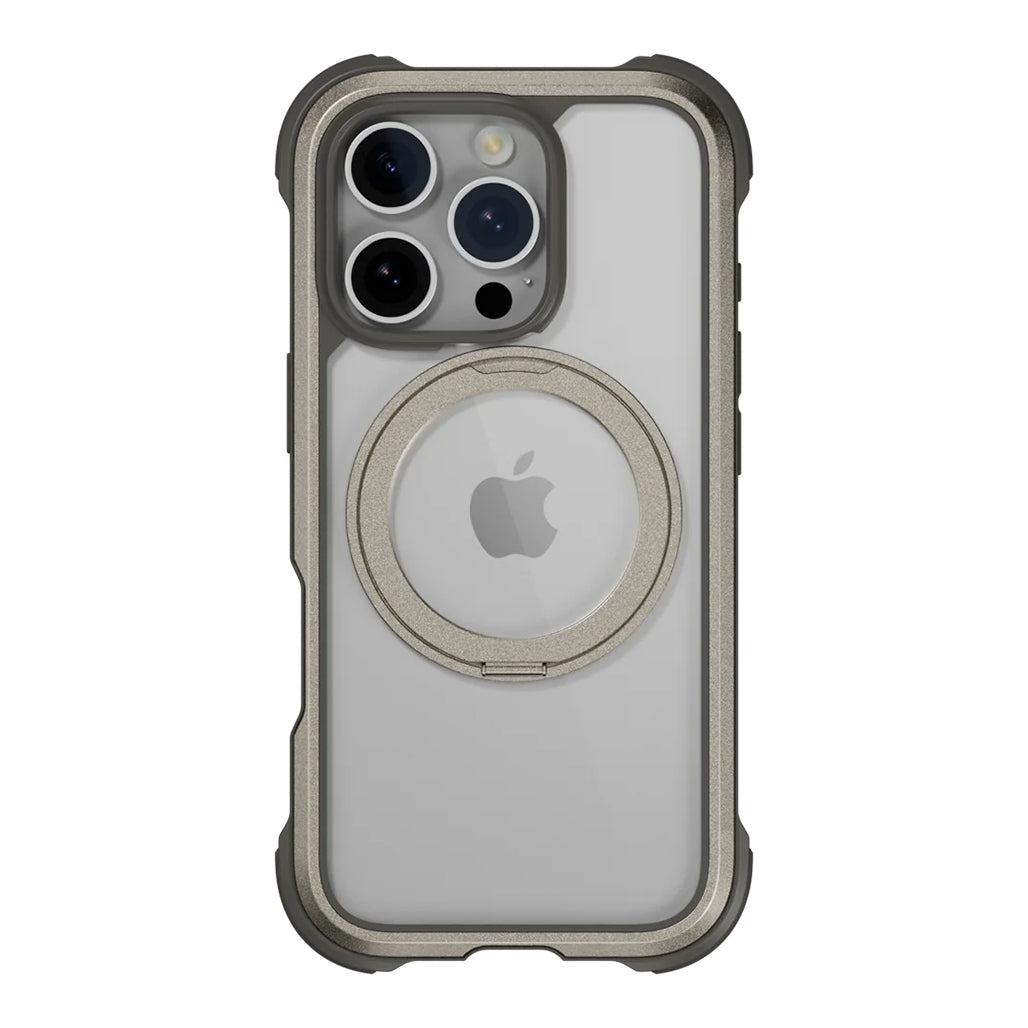 A Photo Of Mageasy Odyssey M360 Magnetic iPhone 16 Pro Titanium Stand Case – 360° Rotating, MagSafe Compatible, Military-Grade Protection