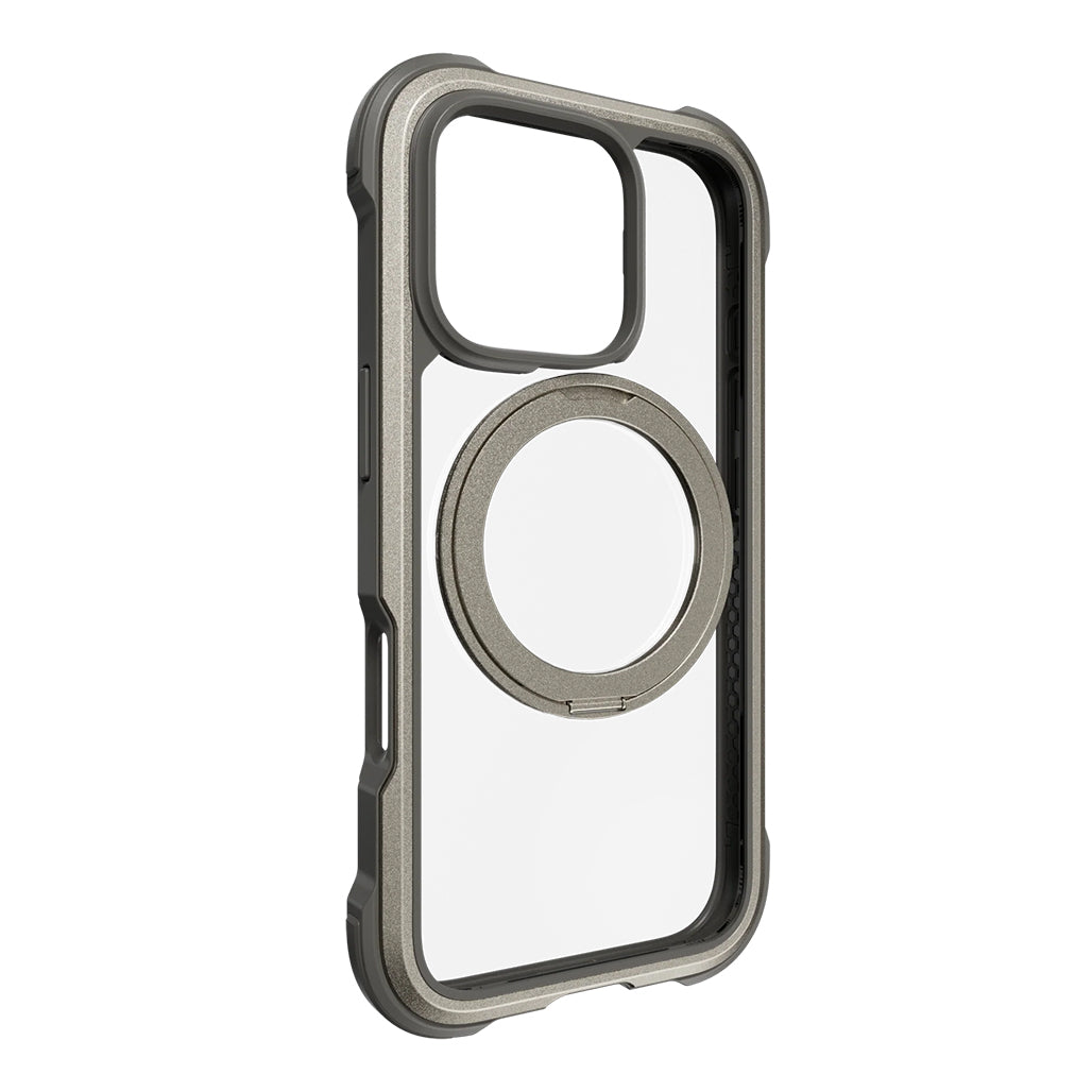 A Photo Of Mageasy Odyssey M360 Magnetic iPhone 16 Pro Titanium Stand Case – 360° Rotating, MagSafe Compatible, Military-Grade Protection