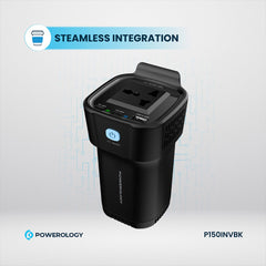 A Photo Of Powerology 150W Inverter AC Universal USB A 2type-C DC Car 12V10A - Black