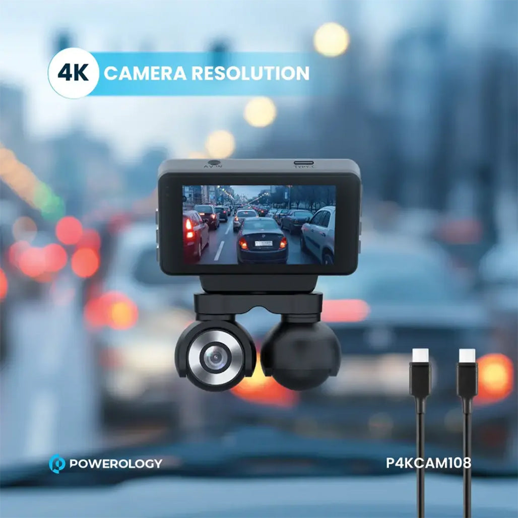 A Photo Of Powerology Dual Lens 4K Dash Camera with Night Vision & Parking Monitor – Black