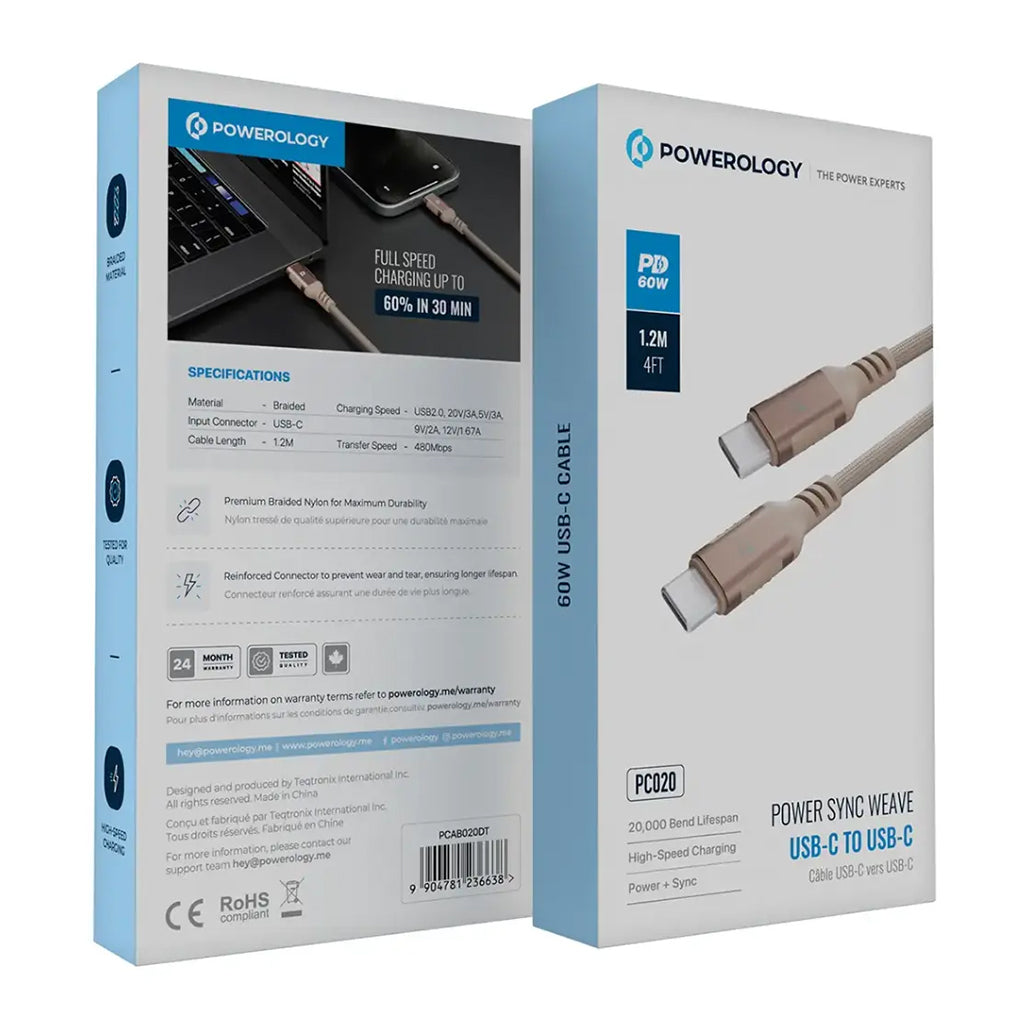 A Photo Of Powerology Power Sync Weave USB-C to USB-C PD 60W