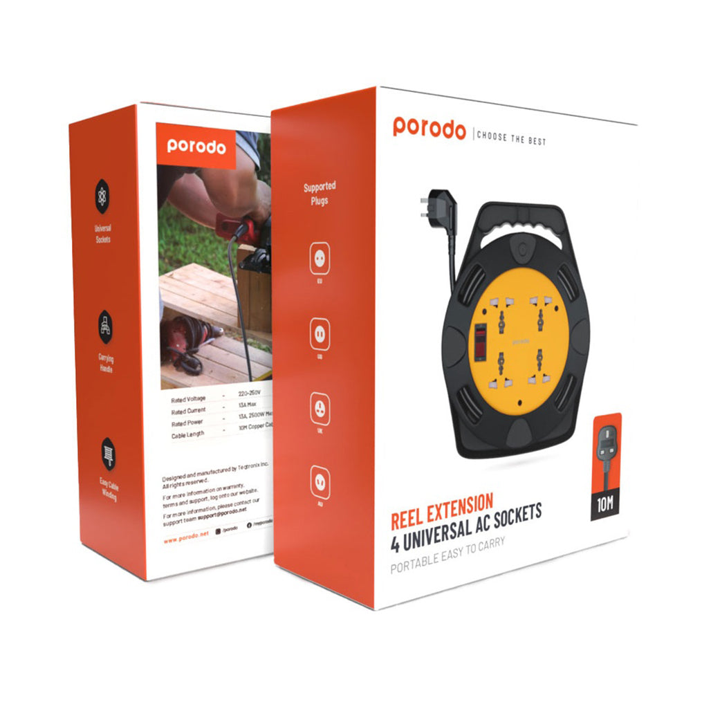 A Photo Of Porodo 4AC Extension Cable Reel with UK Plug (10m Wire) - Black
