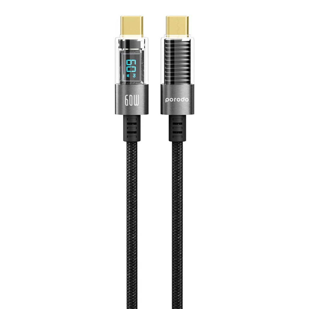 A Photo Of Porodo 60W USB-C to USB-C Braided Charging Cable with Power Display – 1.2M, Black | Fast Charging & Data Transfer