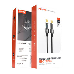 A Photo Of Porodo 60W USB-C to USB-C Braided Charging Cable with Power Display – 1.2M, Black | Fast Charging & Data Transfer