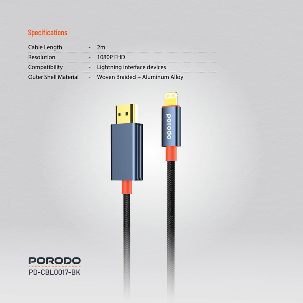 A Photo Of Porodo Woven Cable Lightning to HDMI - Black