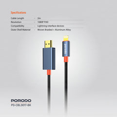 A Photo Of Porodo Woven Cable Lightning to HDMI - Black