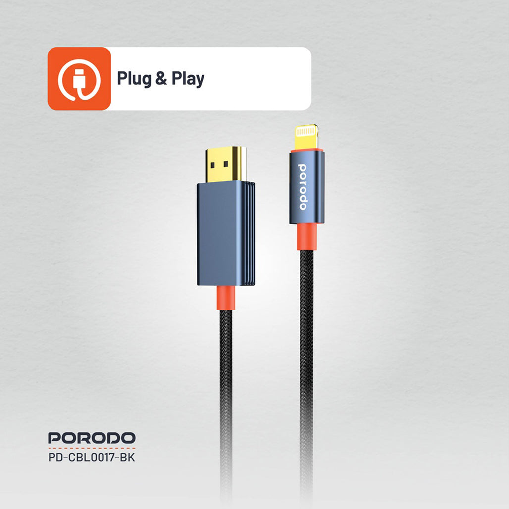 A Photo Of Porodo Woven Cable Lightning to HDMI - Black