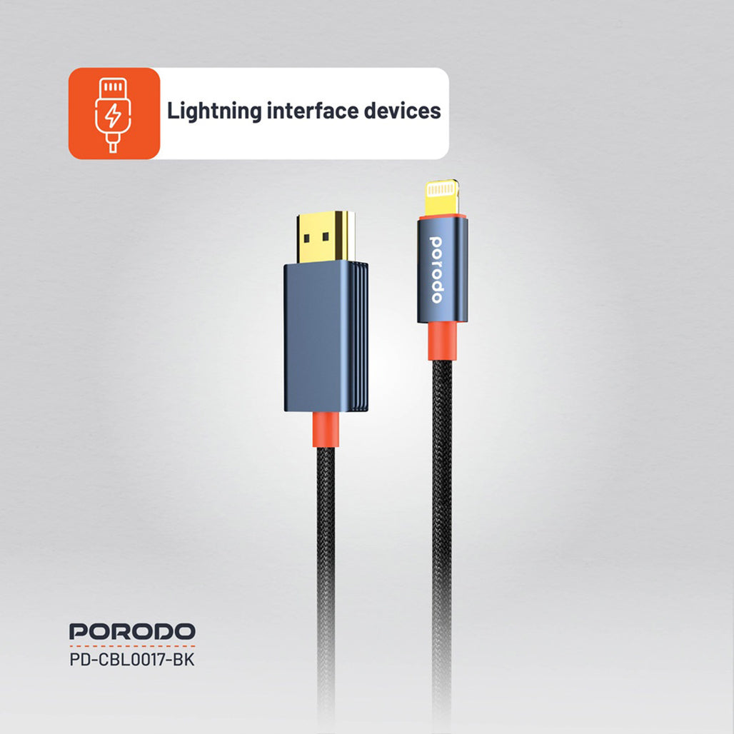 A Photo Of Porodo Woven Cable Lightning to HDMI - Black