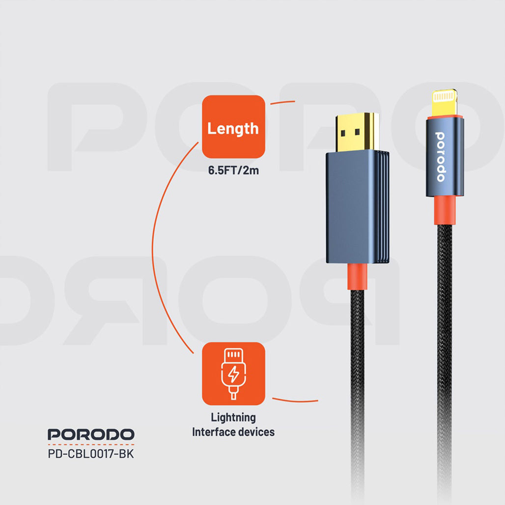 A Photo Of Porodo Woven Cable Lightning to HDMI - Black