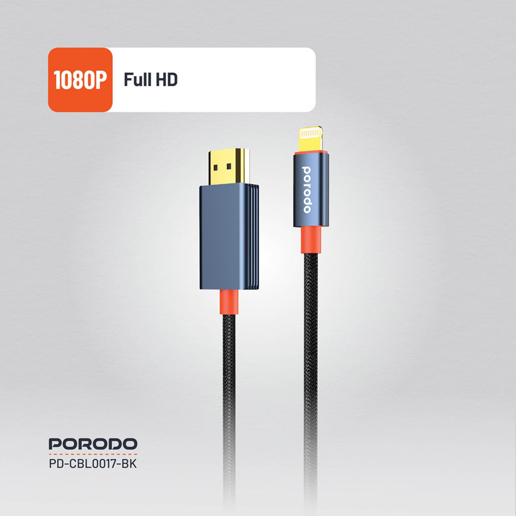 A Photo Of Porodo Woven Cable Lightning to HDMI - Black