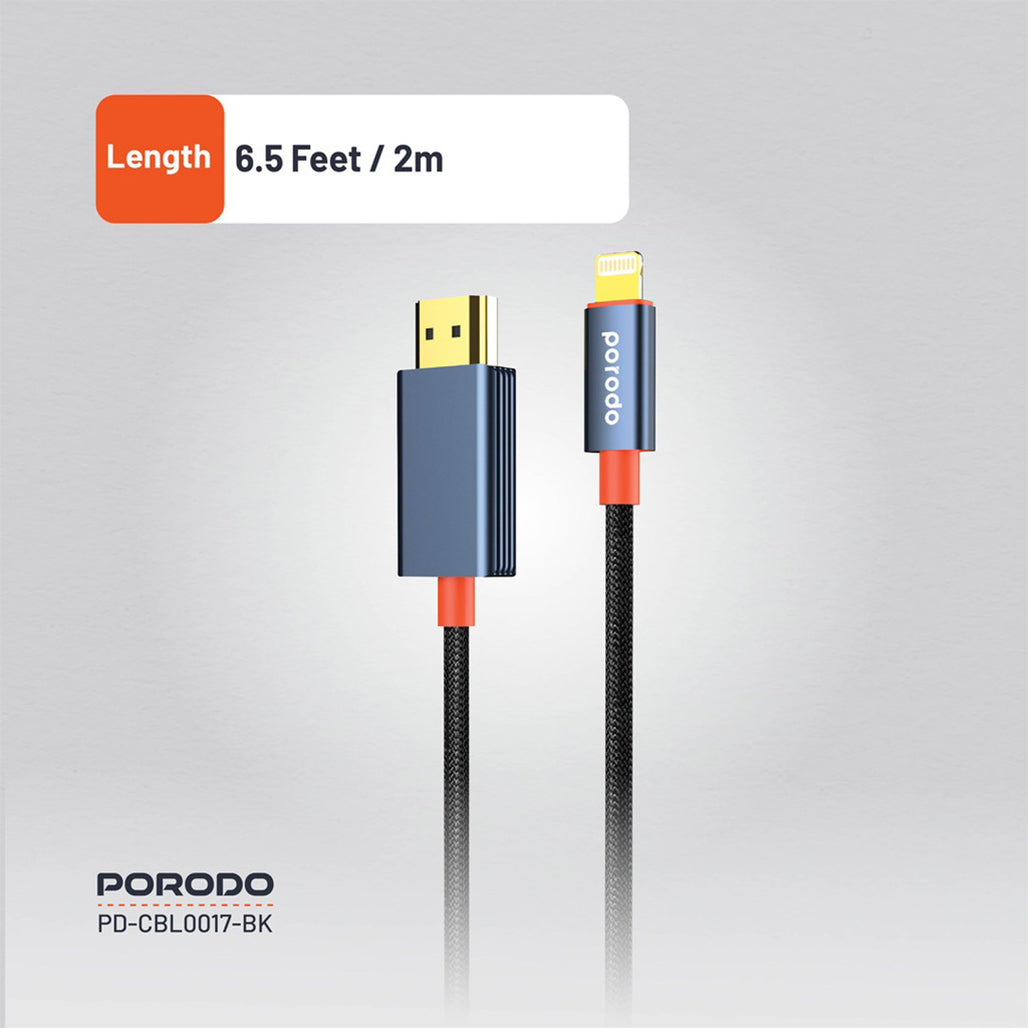 A Photo Of Porodo Woven Cable Lightning to HDMI - Black