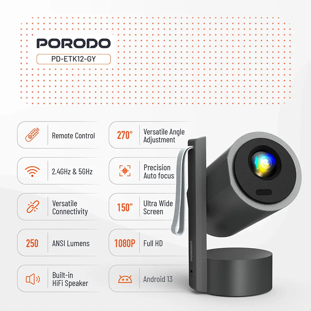 A Photo Of Porodo Full HD Smart Projector - Gray
