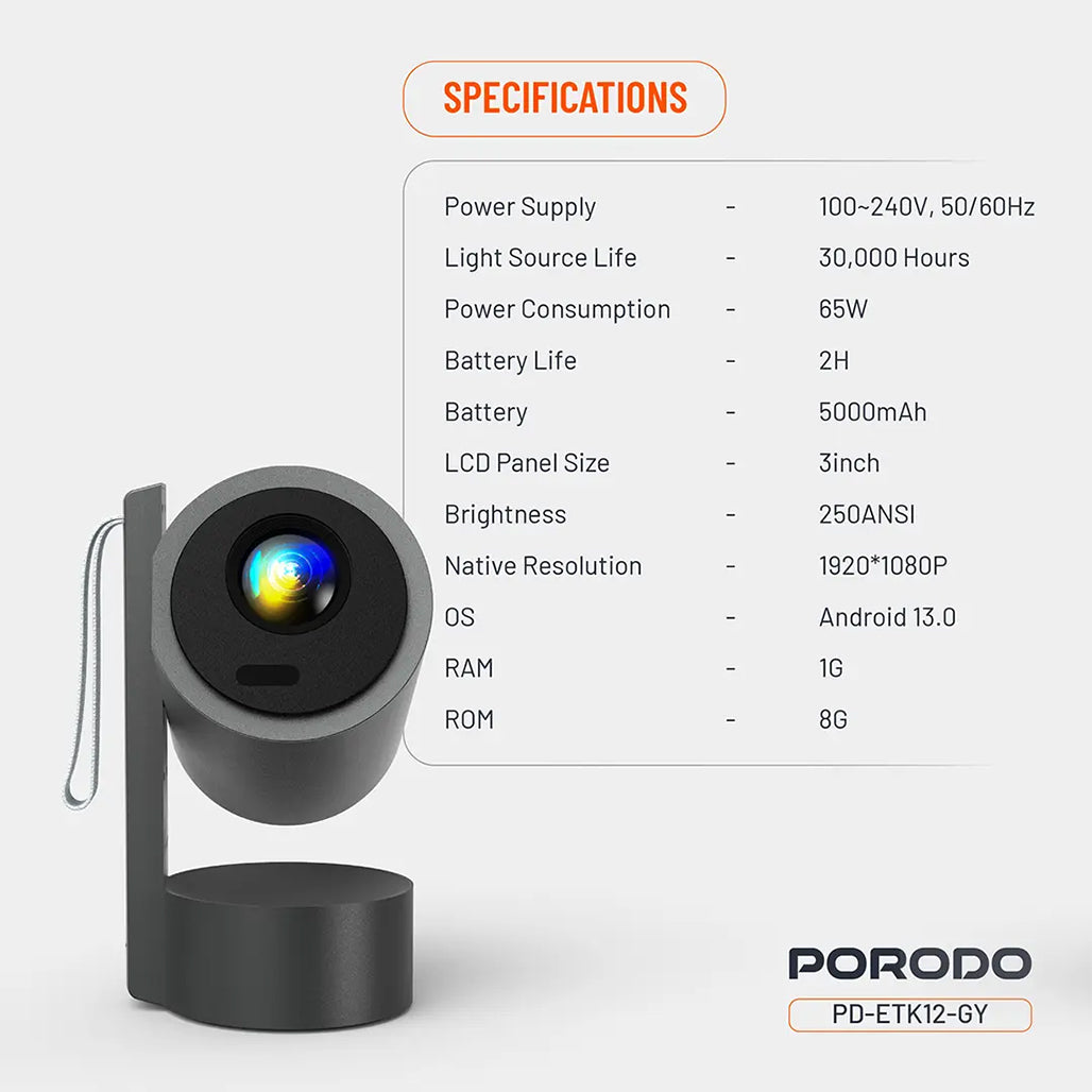 A Photo Of Porodo Full HD Smart Projector - Gray