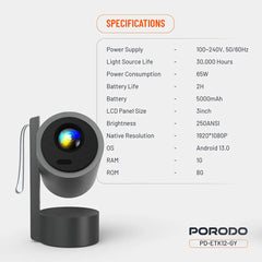 A Photo Of Porodo Full HD Smart Projector - Gray