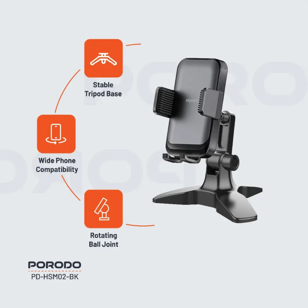 A Photo Of Porodo Multi-Angle Adjustable Desk Phone Stand – Universal Phone Holder for Video Calls, Streaming & Hands-Free Use – Black