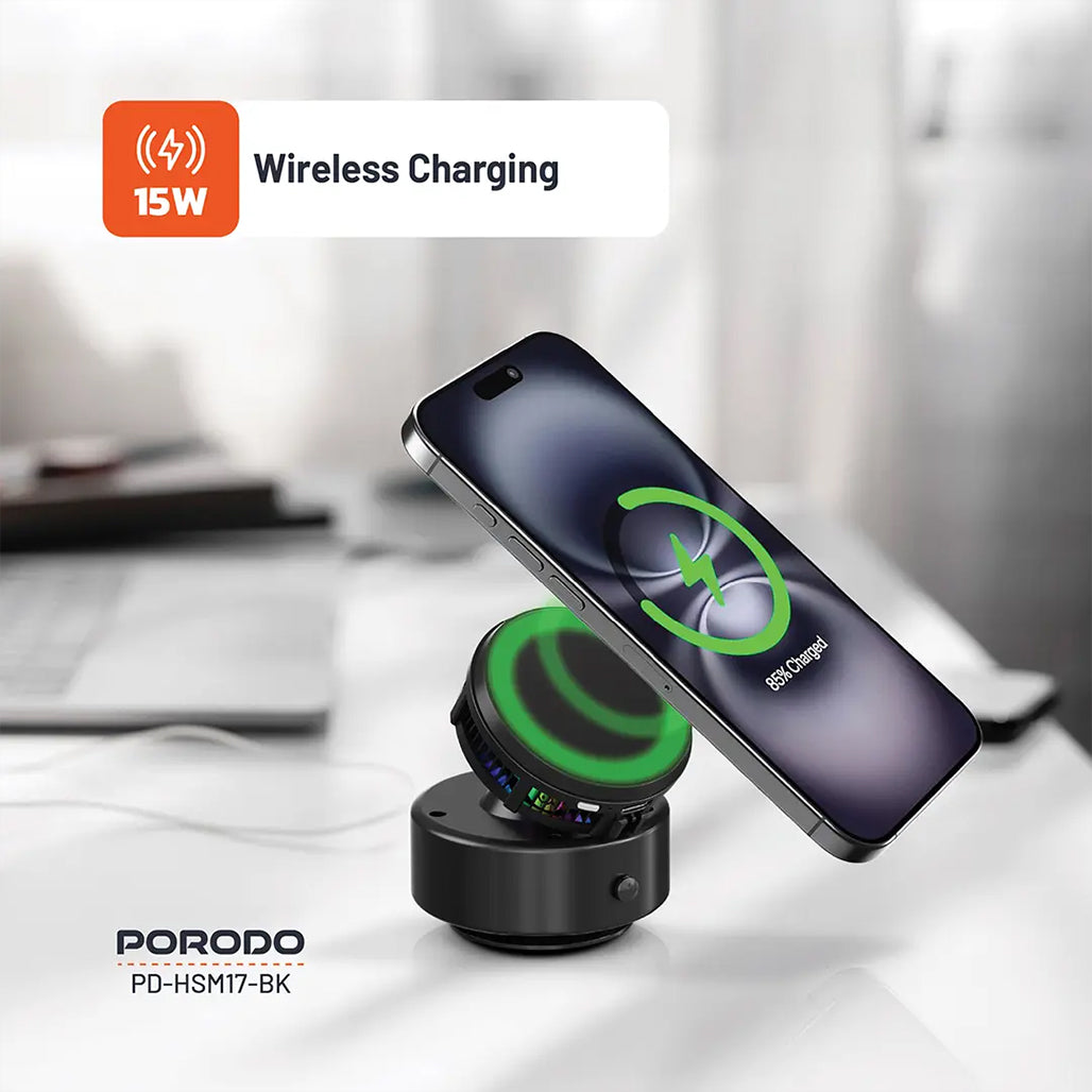 A Photo Of Porodo Vacuseal MagSafe Wireless Charger & Cooling Stand with RGB Lighting – Black