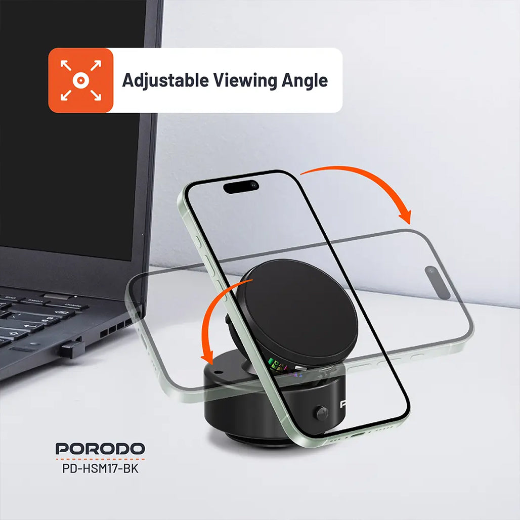 A Photo Of Porodo Vacuseal MagSafe Wireless Charger & Cooling Stand with RGB Lighting – Black