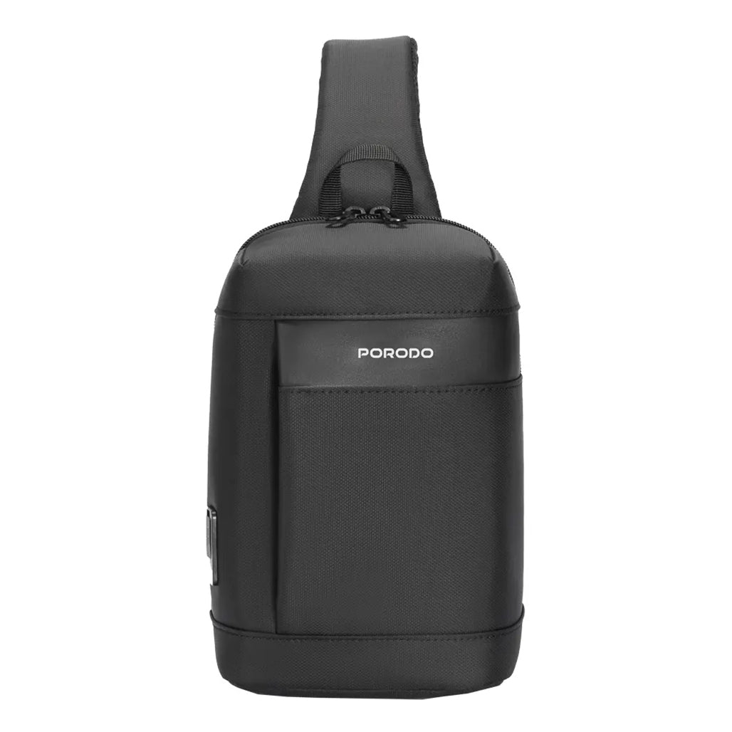 A Photo Of Porodo Crossbody Bag - Black | Water-Resistant, PD 40W Fast Charging, Adjustable Strap & Secure Storage