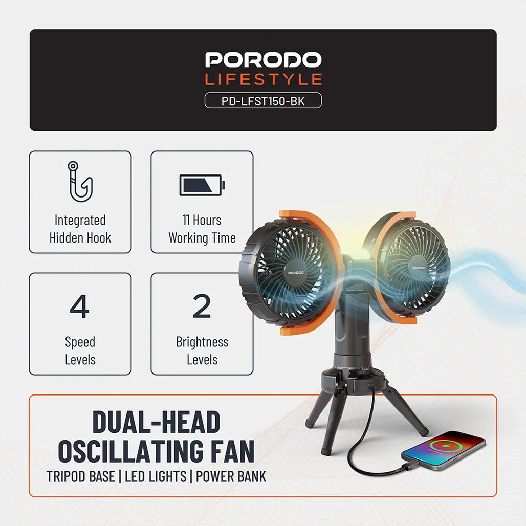 A Photo Of Porodo Dual-Head Oscillating Fan – Rechargeable 8000mAh Battery, 4 Speed Settings, USB-C – Black