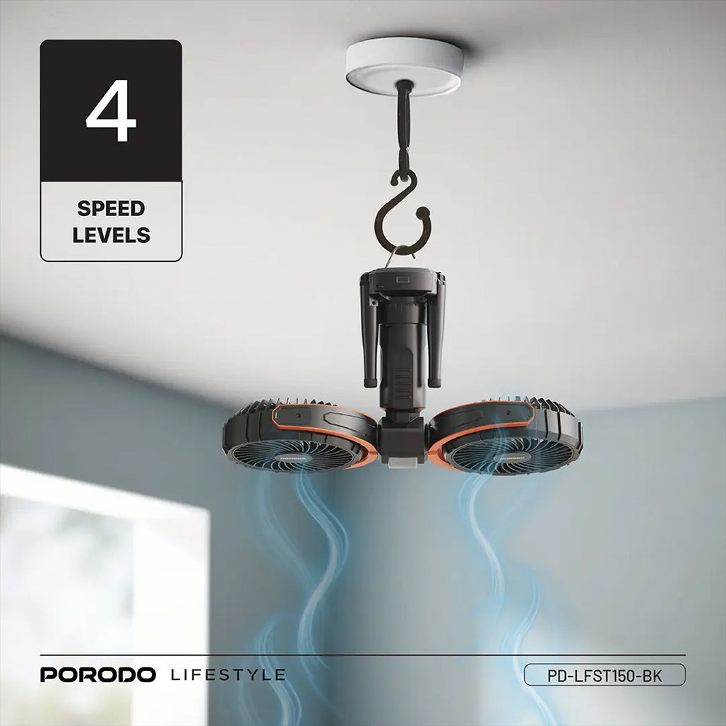 A Photo Of Porodo Dual-Head Oscillating Fan – Rechargeable 8000mAh Battery, 4 Speed Settings, USB-C – Black