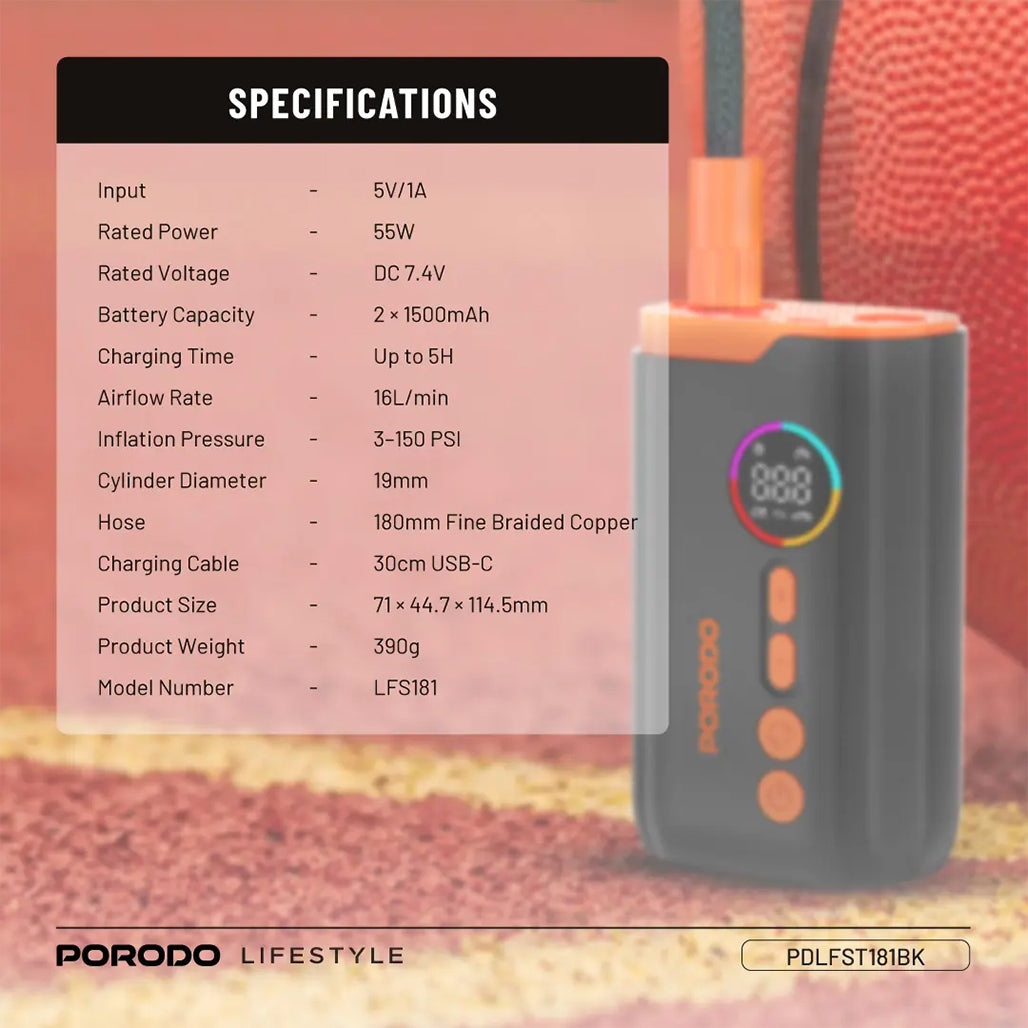 A Photo Of Porodo Lifestyle Electric Air Inflator - Black