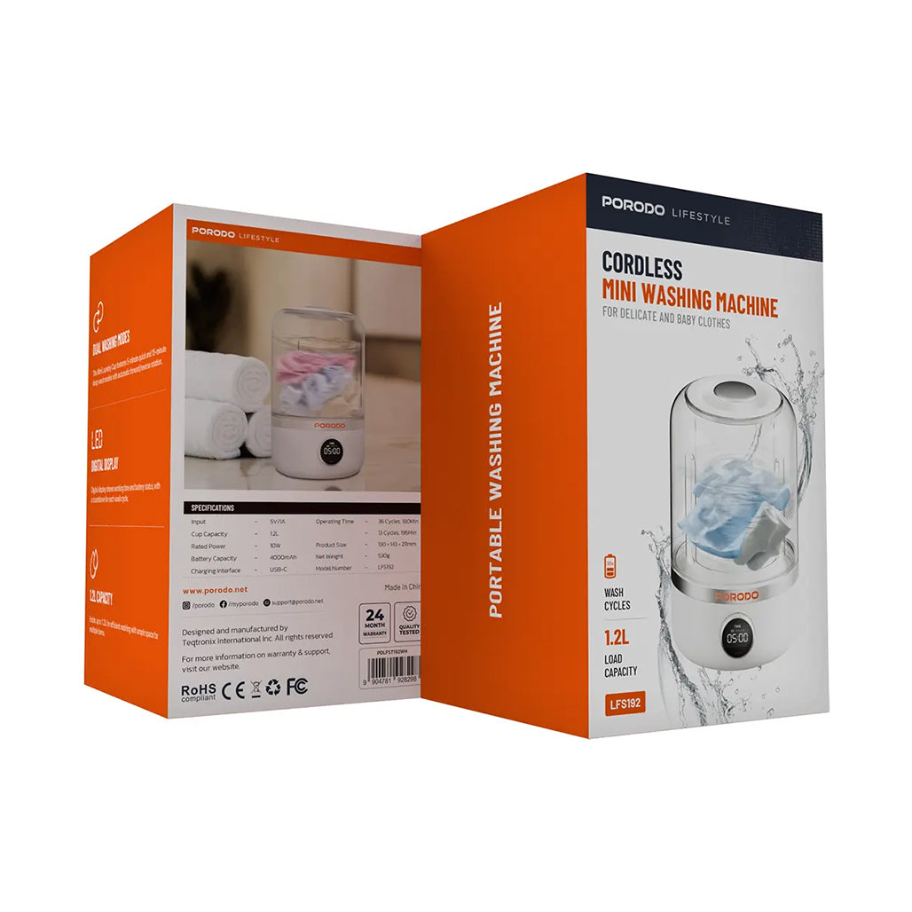 A Photo Of Porodo Lifestyle Cordless Mini Washing Machine – Portable 1.2L Washer with Dual Modes & USB-C Charging