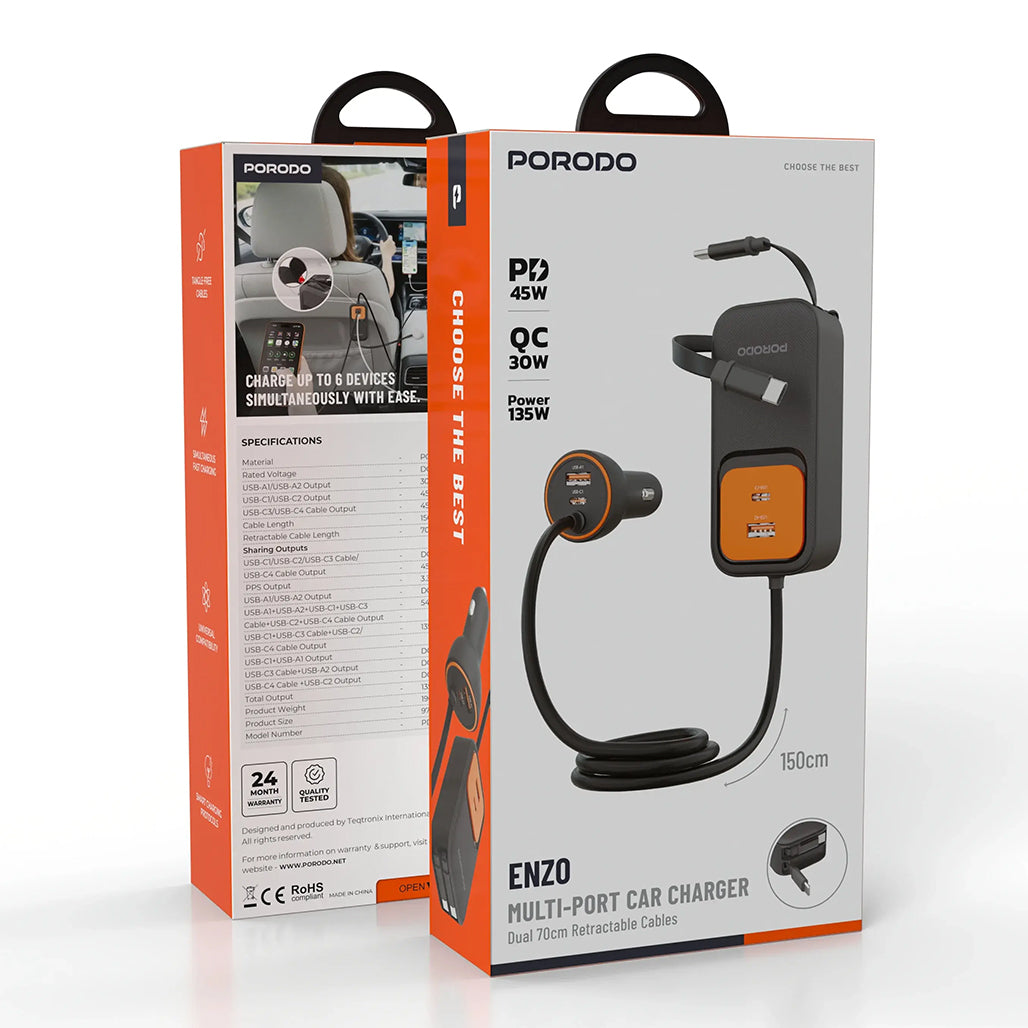 A Photo Of Porodo ENZO Multi-Port Car Charger 135W with Dual Retractable USB-C Cables