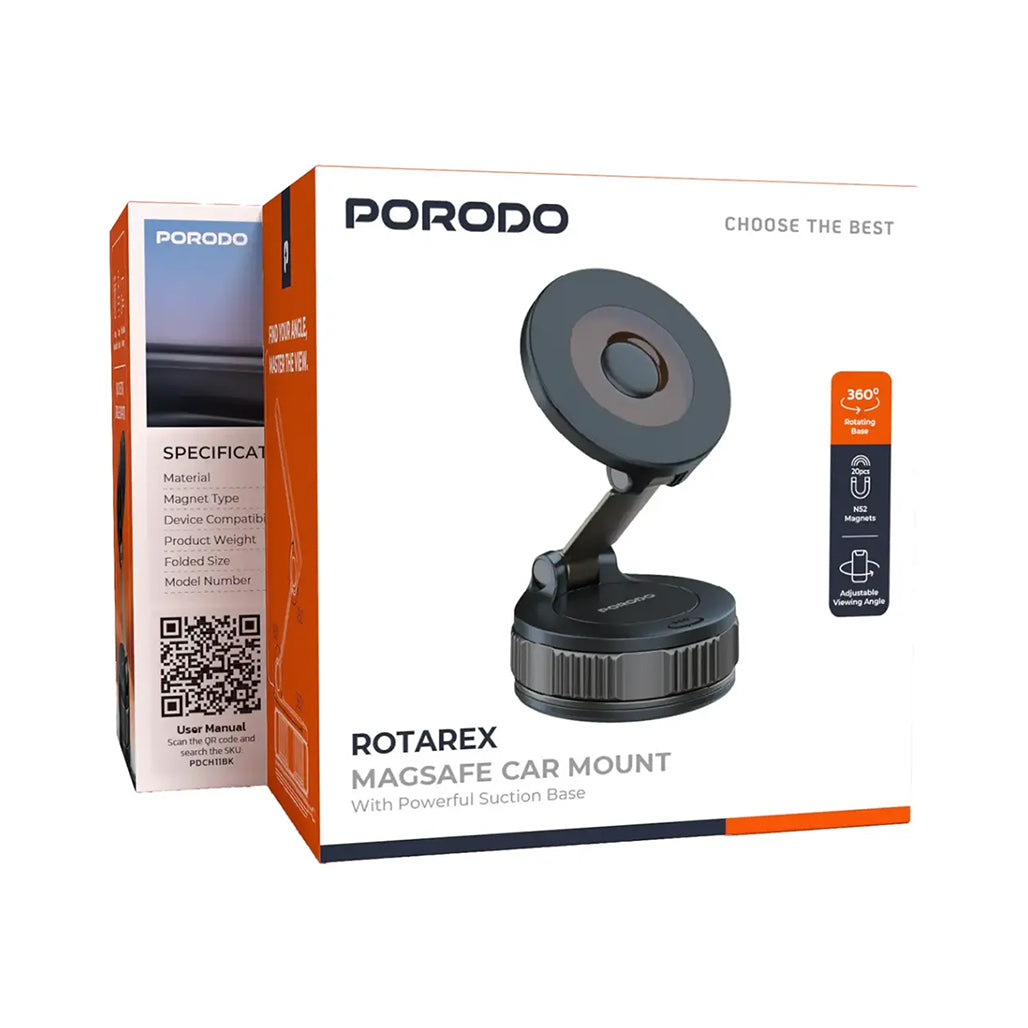 A Photo Of Porodo Rotarex MagSafe Car Mount with Powerful Suction Base - Black