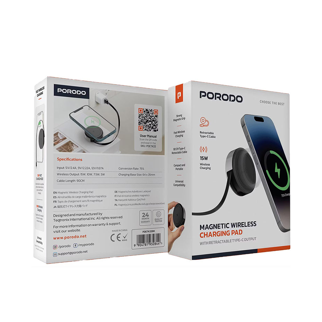 A Photo Of Porodo Magnetic Wireless Charging Pad With Retractable Type-C Output - Black