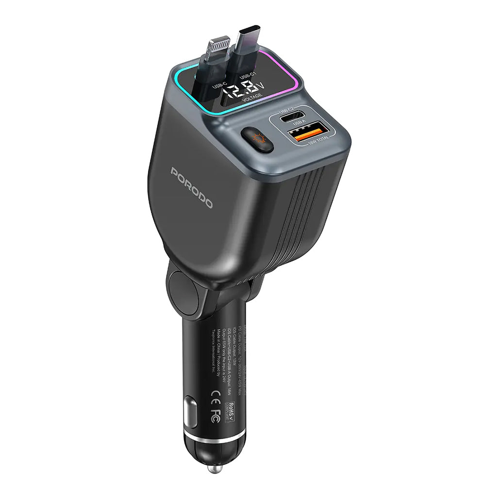 A Photo Of Porodo 65W Car Charger Dual Retractable Cable - Black